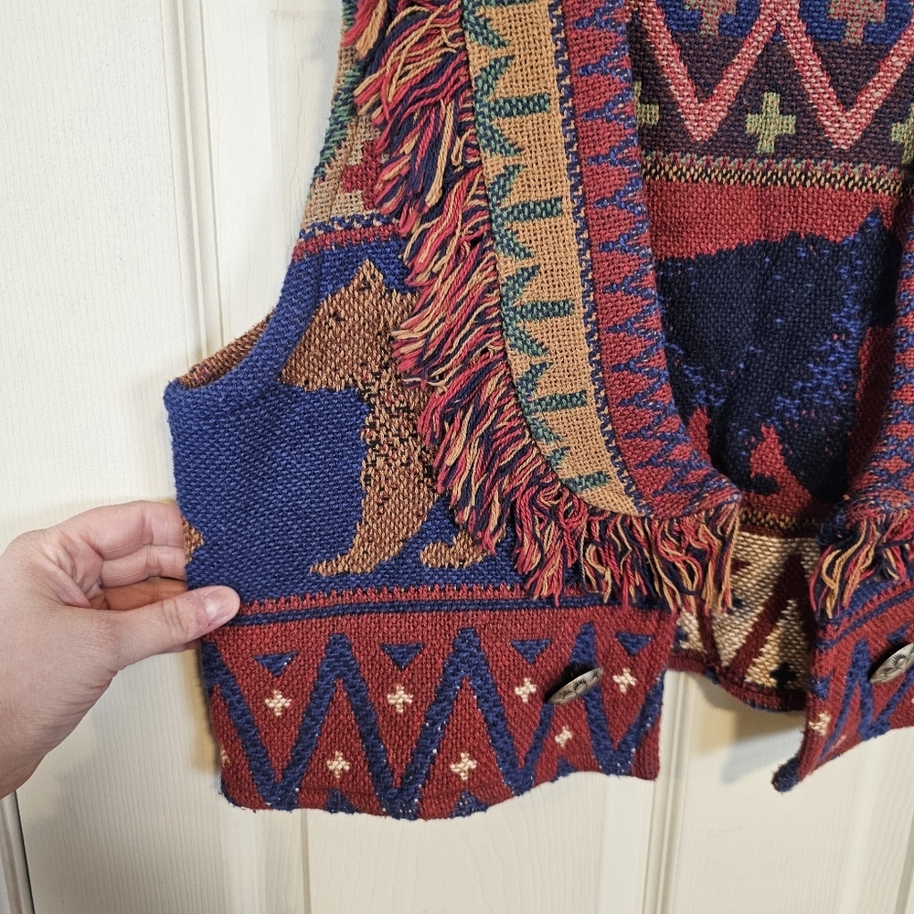 Painted Pony Tapestry Knit Southwestern Bear Country Concho Fringe Vest - Picture 4 of 7